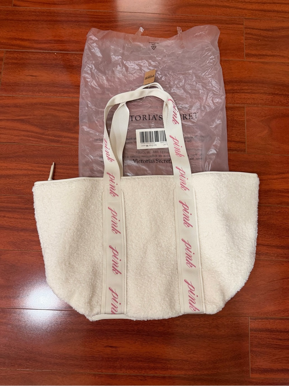 Victoria's Secret Pink Cream Sherpa Tote with Pink Logo Straps